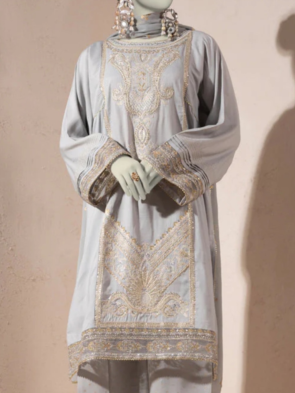Junaid Jamshed’s light Gray Embroidered Long Sleeve Women's Dress with Gold Acce